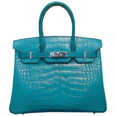 Sac Hermès Birkin Bleu Paon 30 Alligator Missis Mat quincaillerie palladium