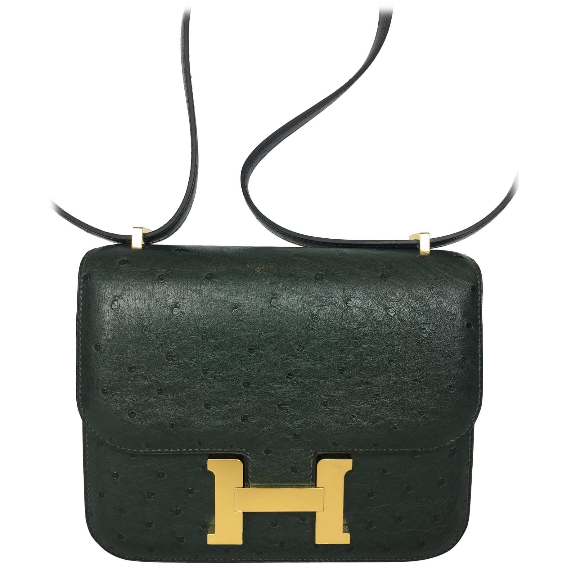 Hermes Mini Ostrich Vert Titien Gold Hardware Constance Bag 