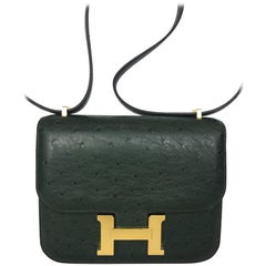 Hermes Mini Ostrich Vert Titien Gold Hardware Constance Bag 