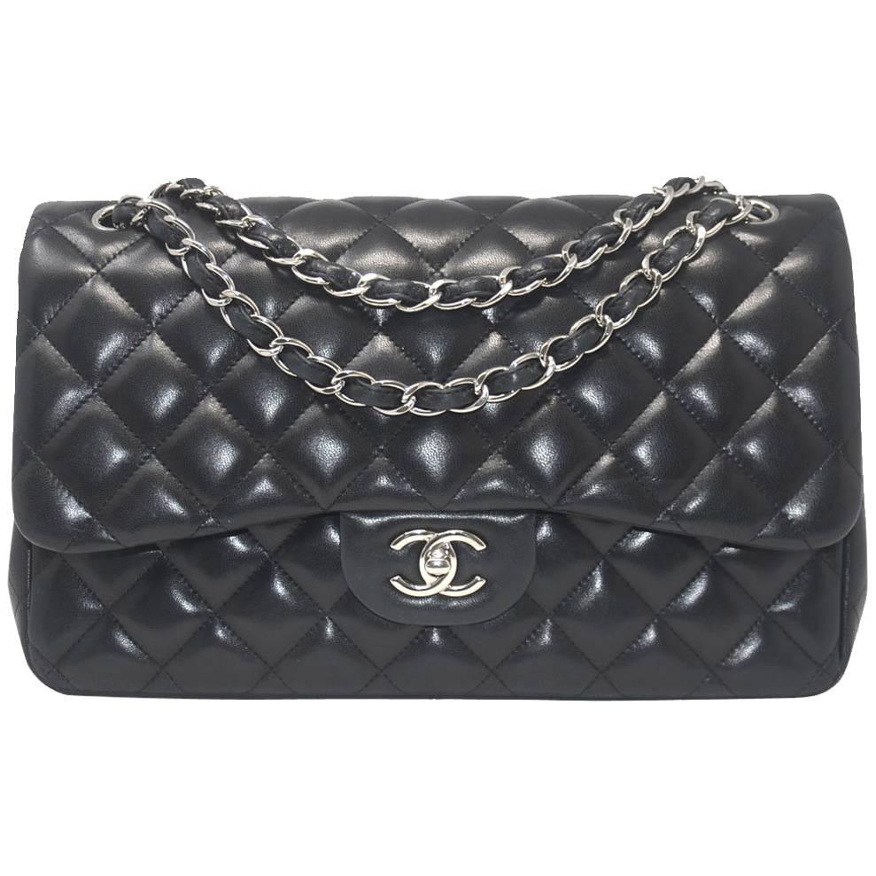 Chanel Black Double Flap Made from Lambskin with Silver Hardware and Card