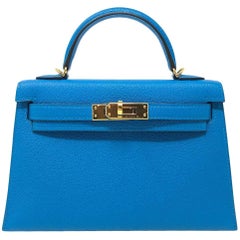 Hermes Kelly Bag 20 Mini Kelly II Blue Zanzibar Chevre Gold Hardware, 2017 