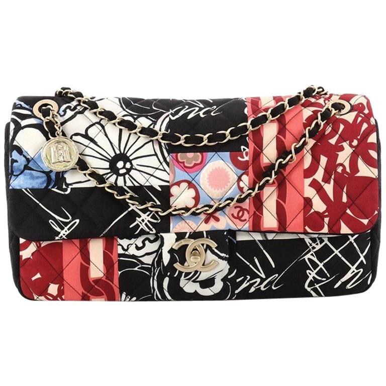 Chanel Classic Single Flap Bag Quilted Patchwork Printed Jersey Jumbo