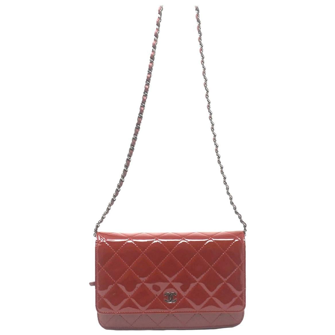 Chanel Dark Red Patent Leather WOC With Card