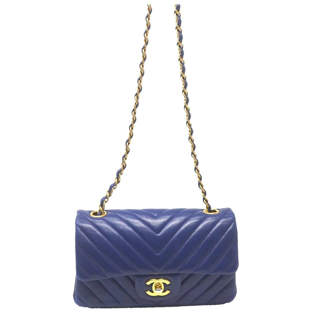 Chanel Small Flap Chevron Blue With GHW and Card