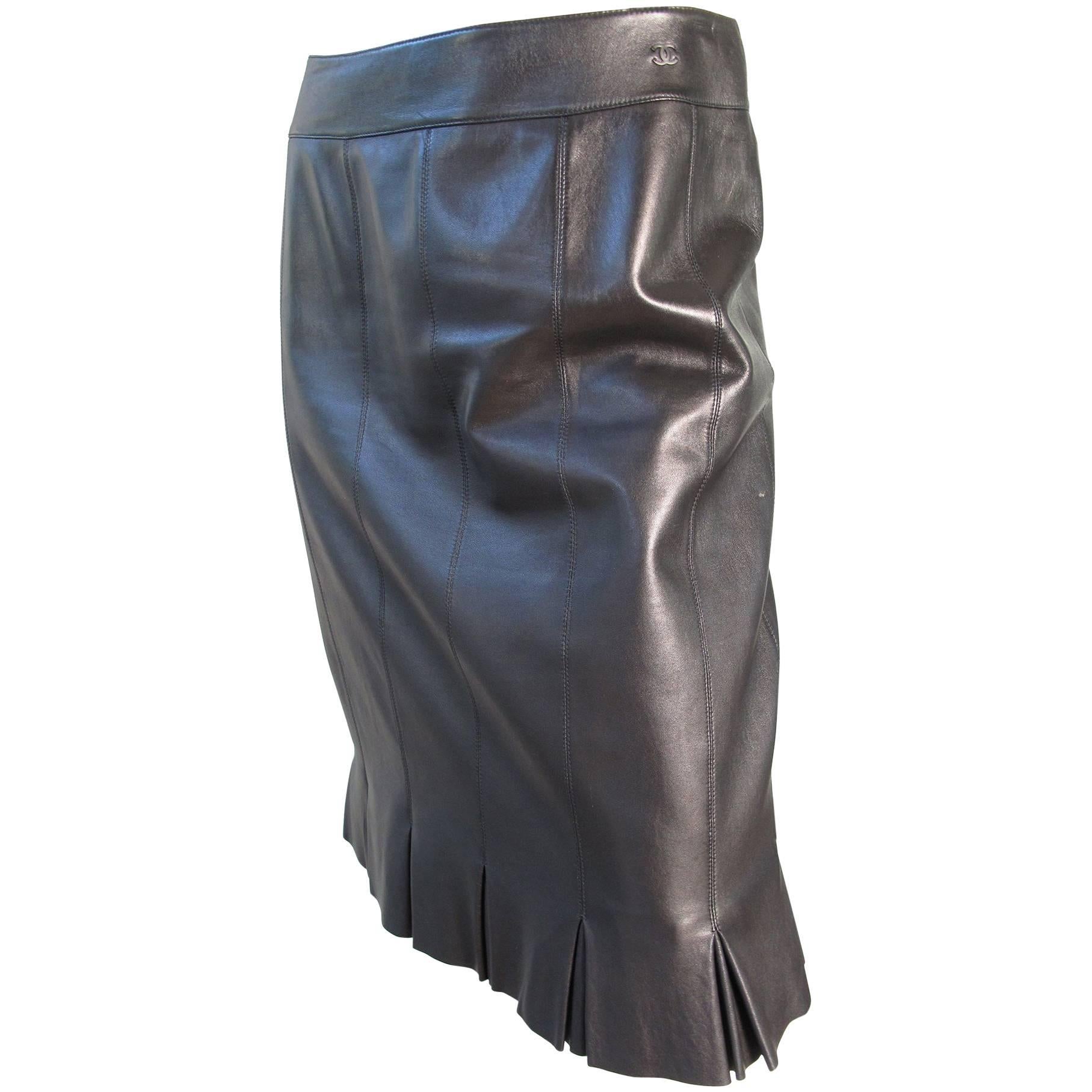 Chanel Karl Lagerfeld Black Leather Skirt with Pleated Hem