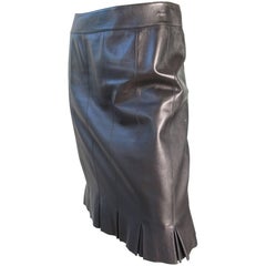 Chanel Karl Lagerfeld Black Leather Skirt with Pleated Hem