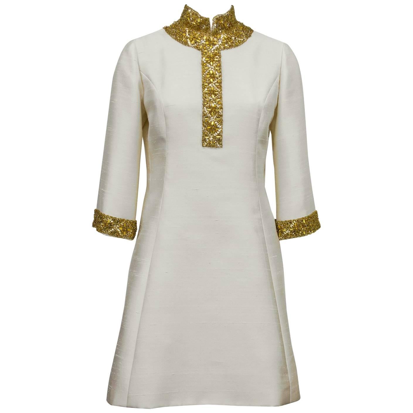 Cream Silk Mini Caftan Dress with Gold Beading, 1960s 