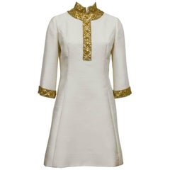 Cream Silk Mini Caftan Dress with Gold Beading, 1960s