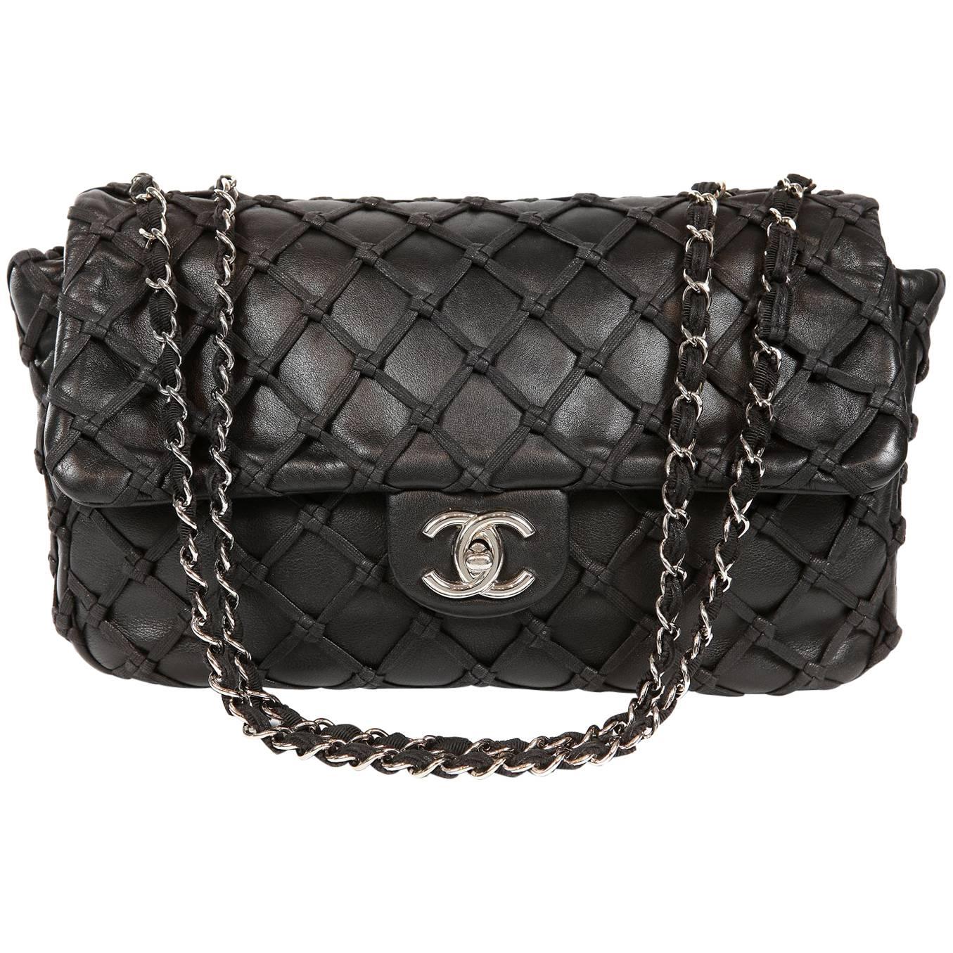 Chanel Black Leather Woven Top Stitch Classic Flap Bag