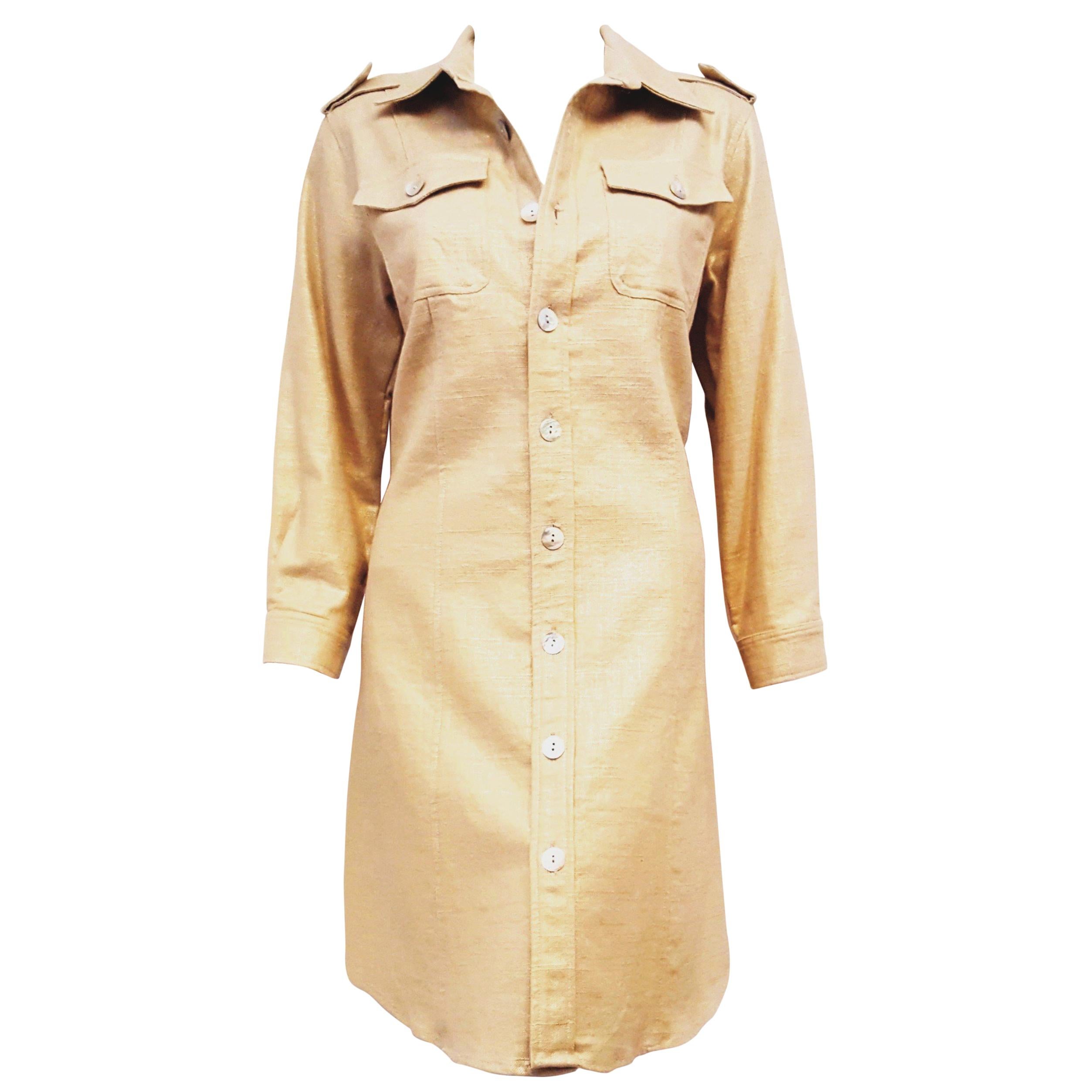 C J Laing Gold Tone Metallic Linen Blend Long Sleeve Button Front Dress