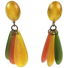 Oversized French Lucite Dangling Clip on Earrings Green Orange Yellow Color