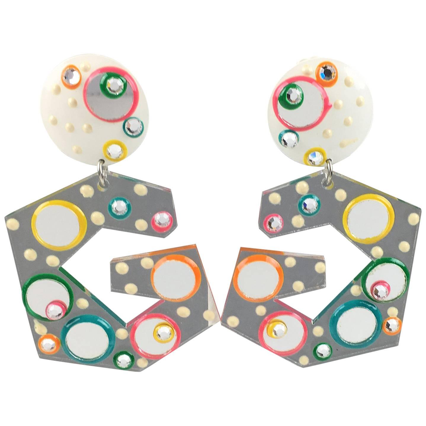 Italian Memphis Studio Style Oversized Colorful Loop Lucite Clip-On Earrings