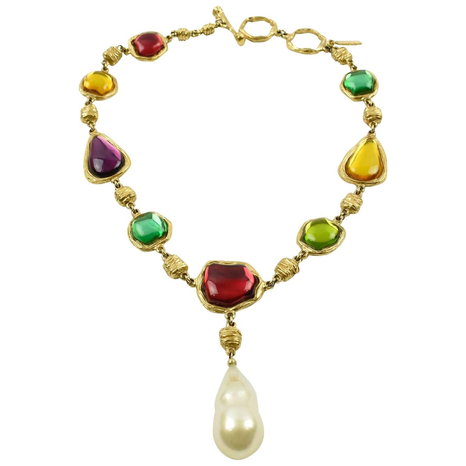 Charles Jourdan Paris Rare Gilt Metal Jeweled Necklace Multicolor Rhinestones
