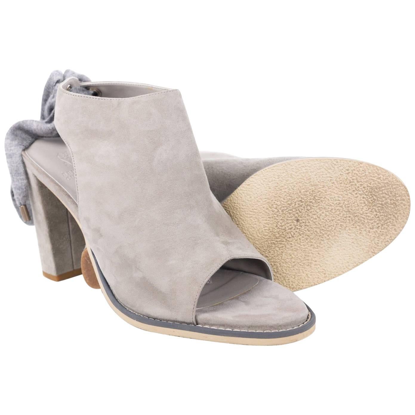 Brunello Cucinelli Women's Grey Suede Peep Toe Lace Ankle Boot For Sale