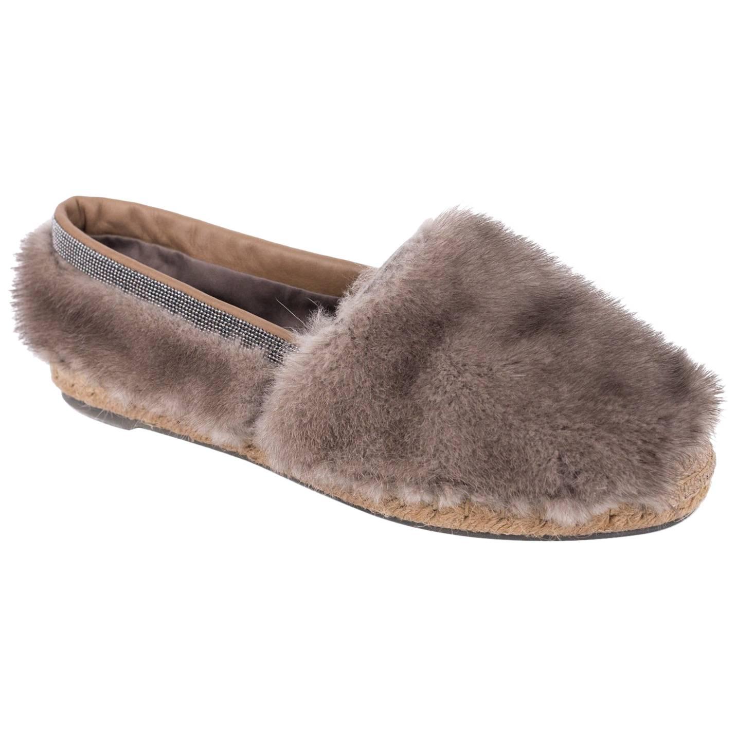 Brunello Cucinelli Womens Espadrilles Fur Monili Slip Ons Loafers