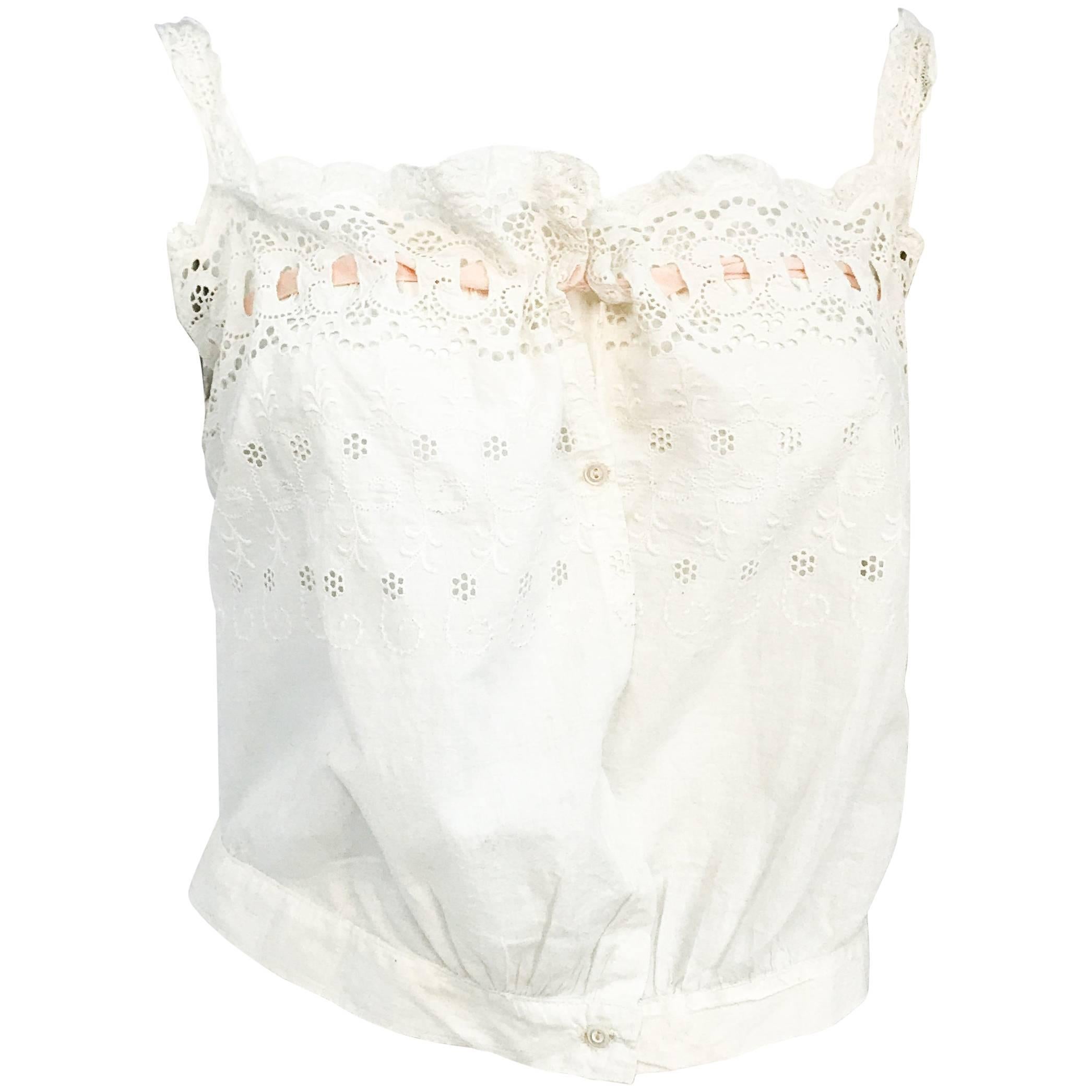 Edwardian Cotton Corset Top with Embroidery and Peach Ribbon For Sale