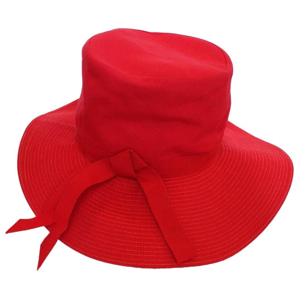 20th Century Red Cotton and Raffia Brim Hat 