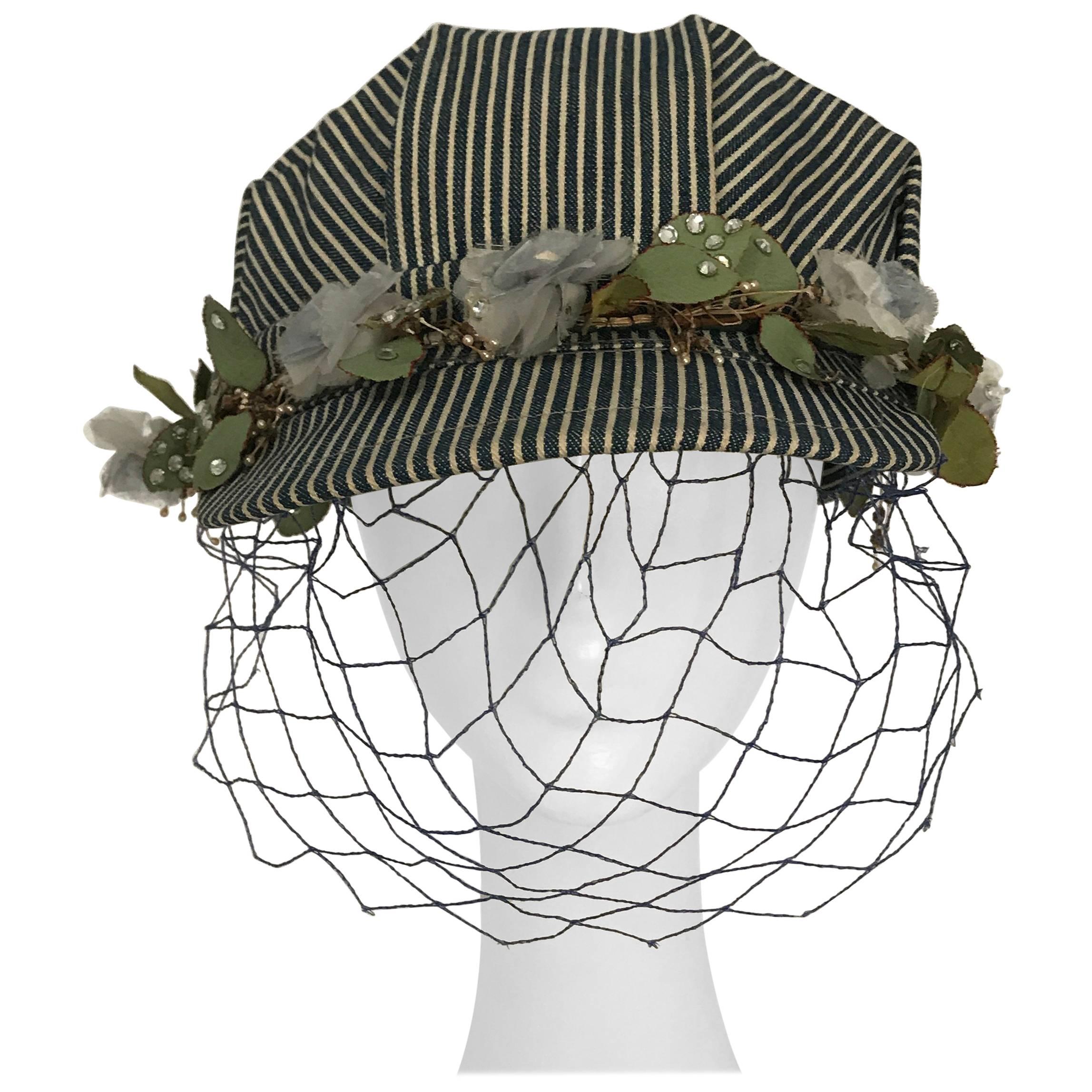 1950s Working Railroad Hat with Silk Flowers and Net