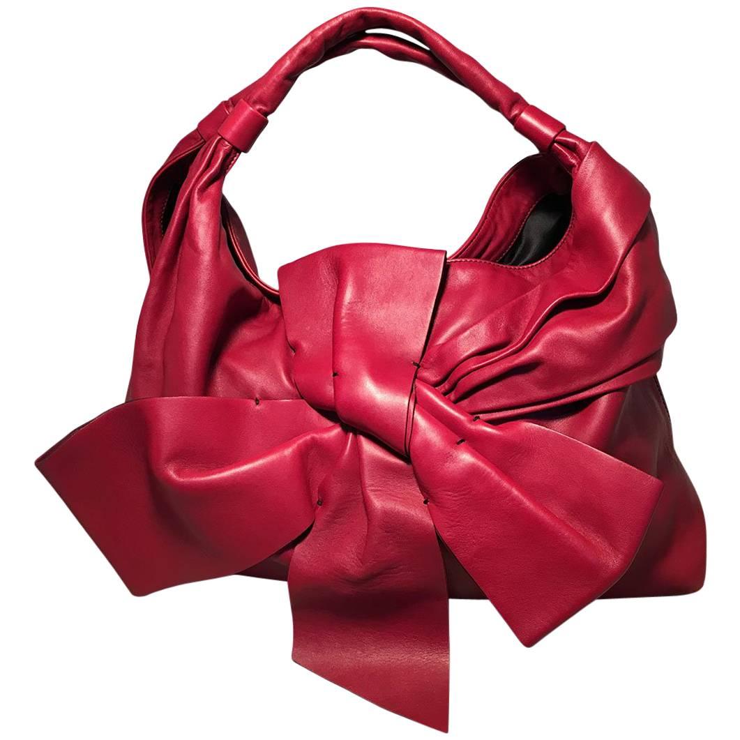 Valentino Red Leather Bow Front Hobo Shoulder Bag
