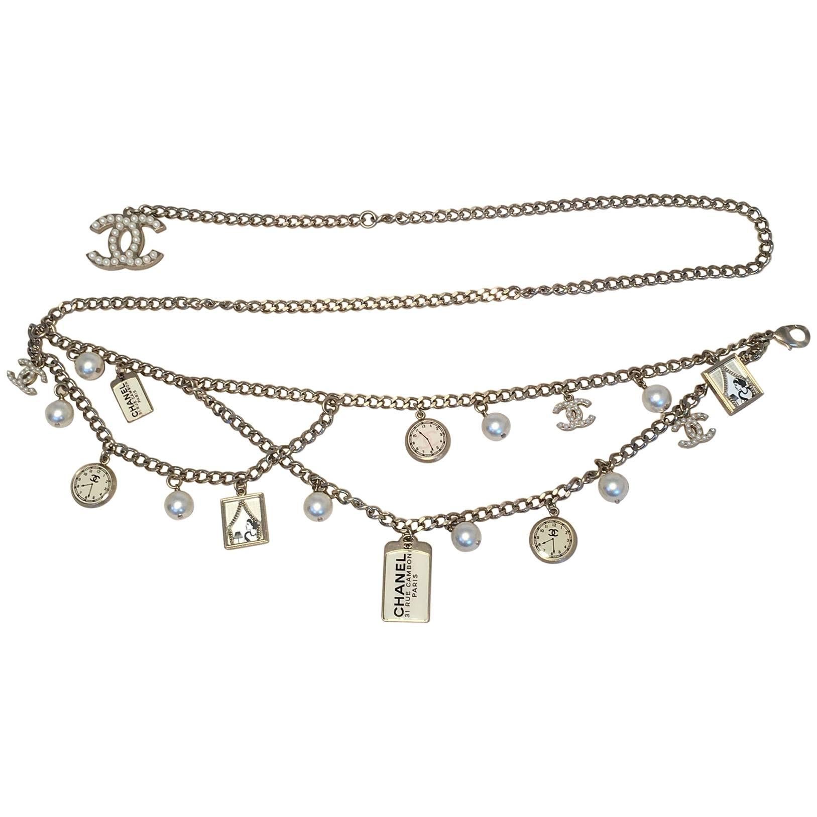 Chanel Silver Chain Multi Strand Charm Belt Necklace-RARE