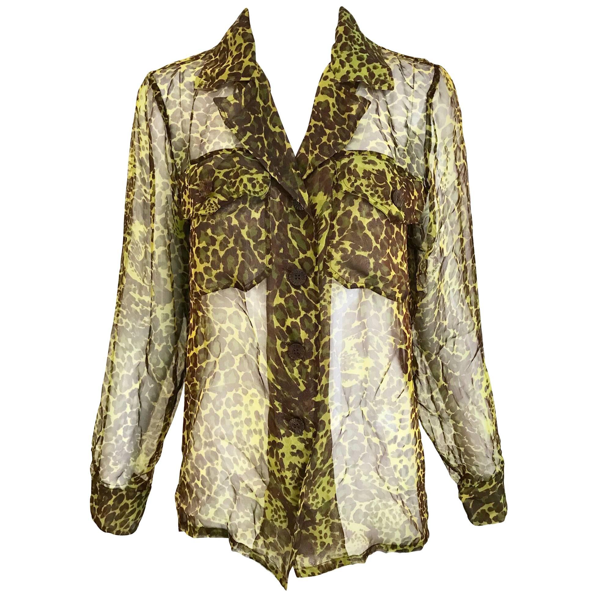 1990s Yves Saint Laurent Green and Brown Leopard Print Silk Blouse 