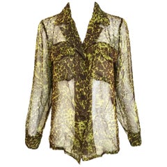 1990s Yves Saint Laurent Green and Brown Leopard Print Silk Blouse