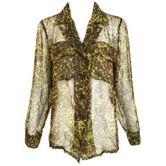 1990s Yves Saint Laurent Green and Brown Leopard Print Silk Blouse 