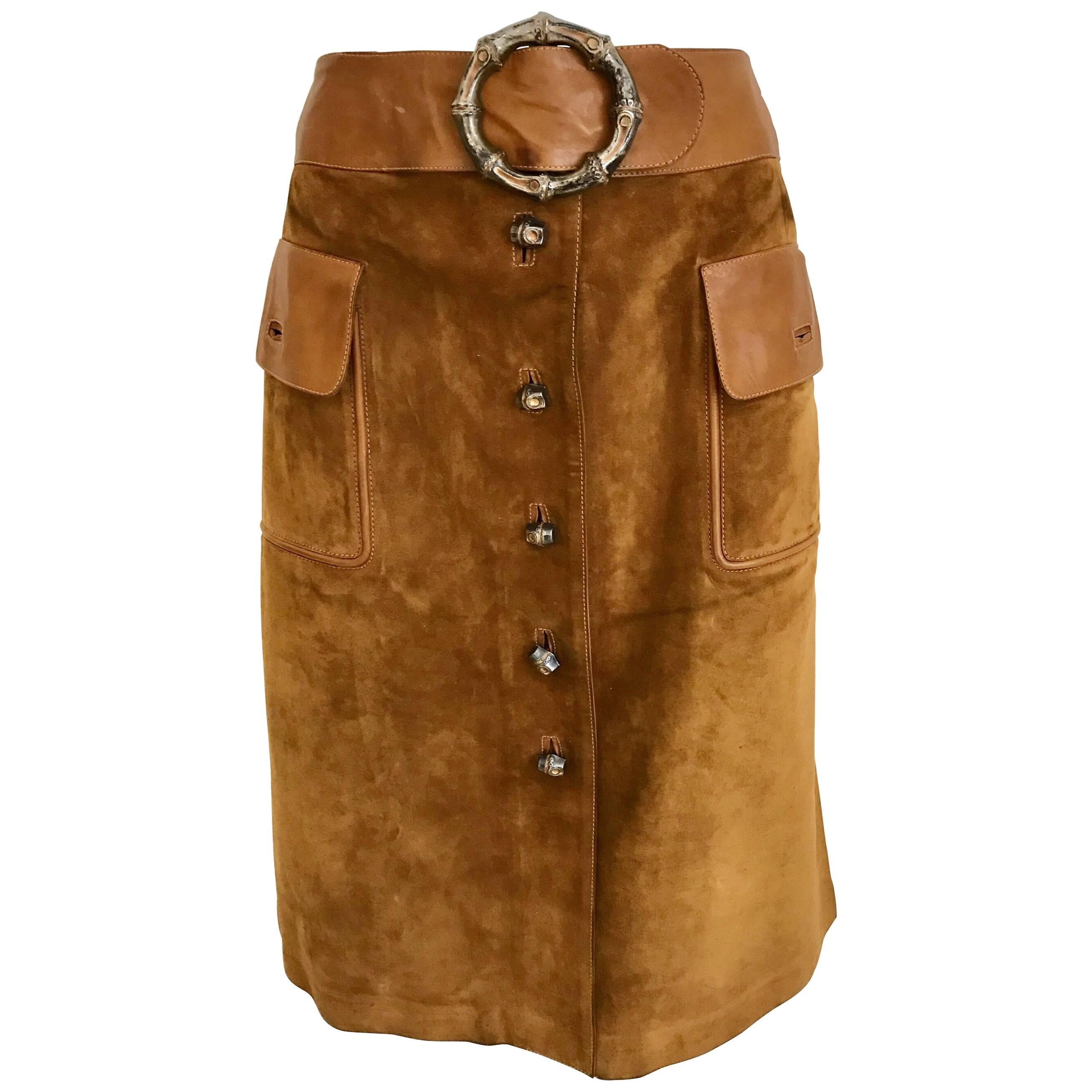 Gucci Brown Suede Leather Skirt, 1970s 