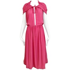 1970s Pink Crepe De Chine Summer Cocktial Dress with hood