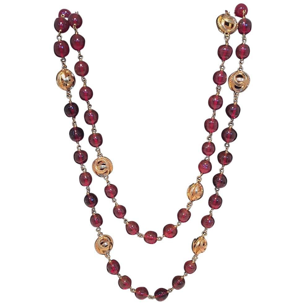 Chanel Dark Red and Gold CC Beaded Long Necklace