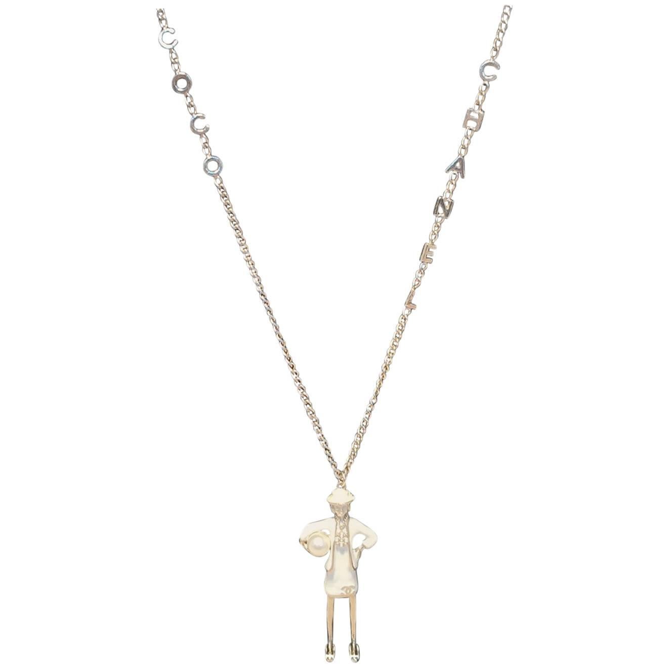 Chanel Silver Coco Chanel Chain Necklace with Enamel Woman Charm