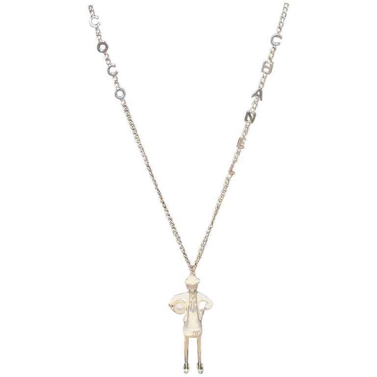 Chanel Silver Coco Chanel Chain Necklace with Enamel Woman Charm For Sale at 1stdibs