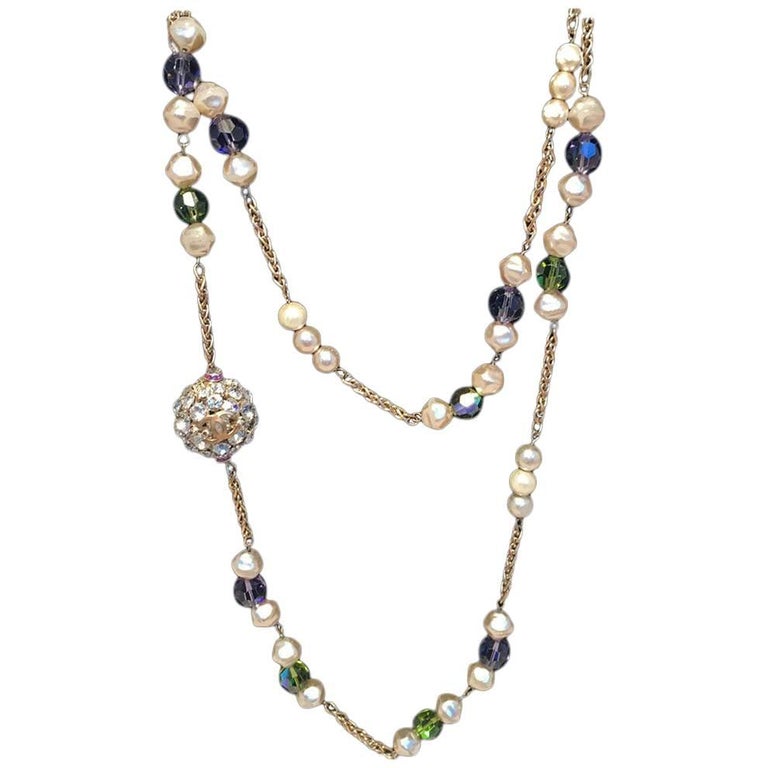 Chanel Vintage Pearl and Green and Purple Beaded Necklace with Crystal ...