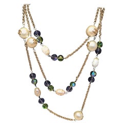 Chanel Vintage Large Pearls and Green and Purple Crystal Bead Gold Necklace 