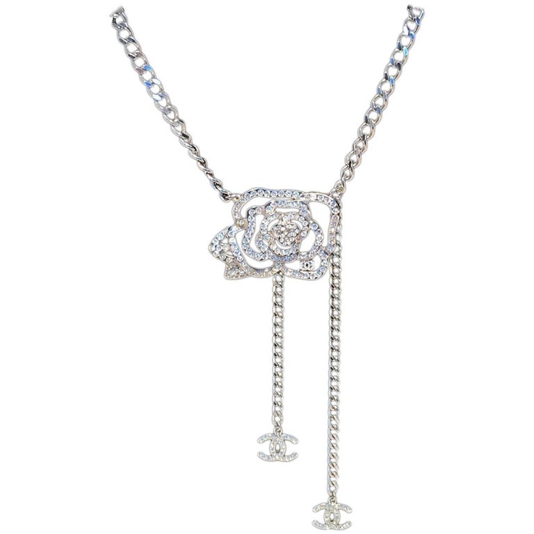 Chanel Silver Chain Rhinestone Camellia Flower Belt Necklace