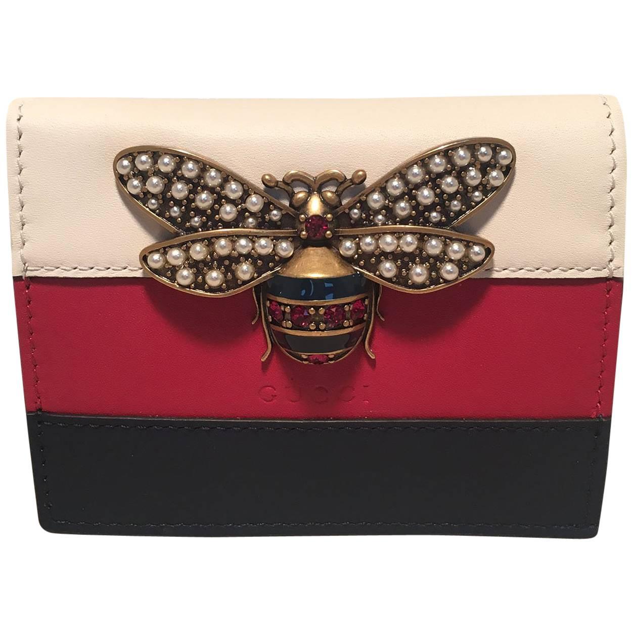 NWOT Gucci Small Striped Leather Embellished Bee Wallet