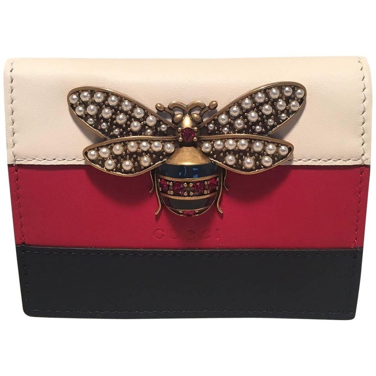 NWOT Gucci Small Striped Leather Embellished Bee Wallet For Sale at 1stDibs