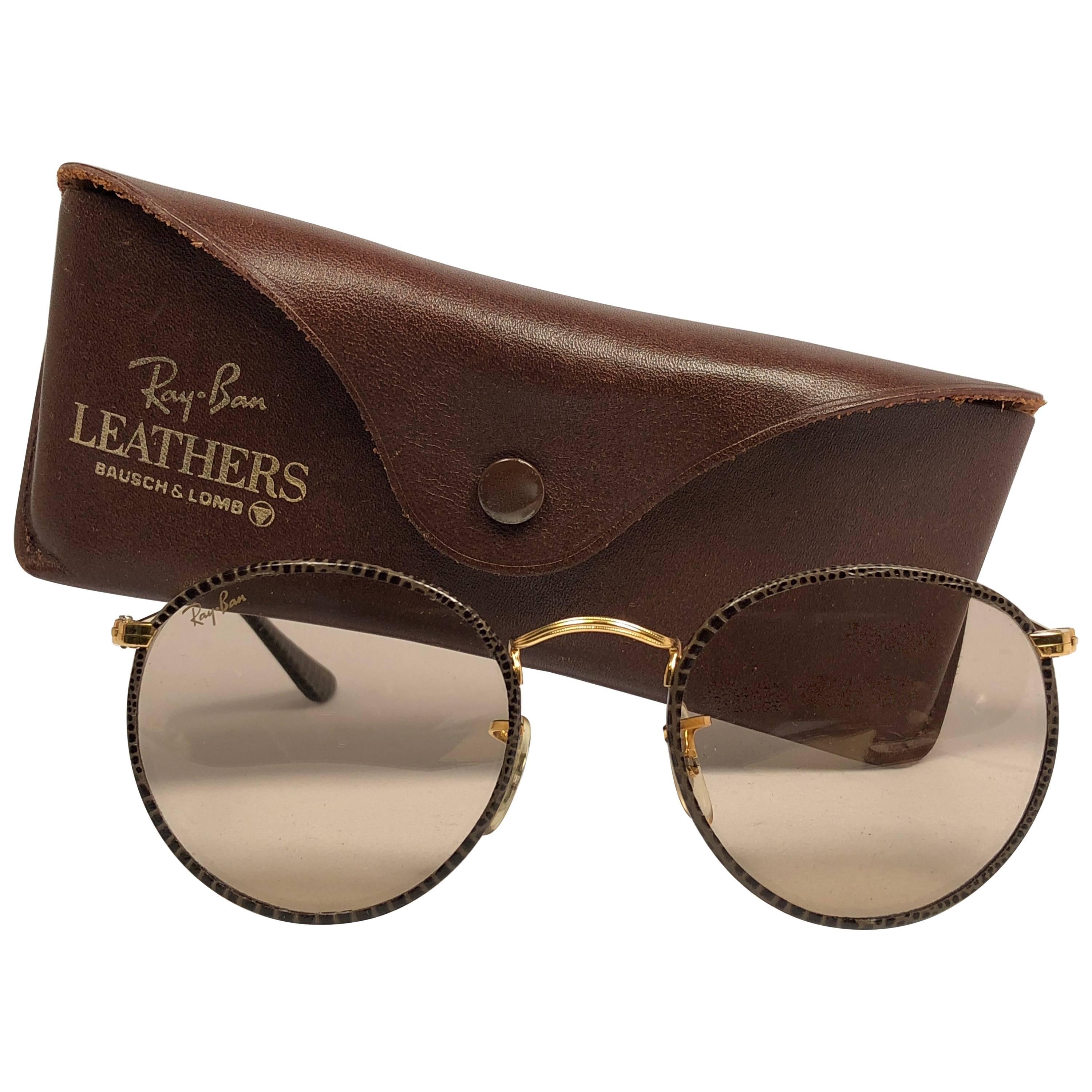 Ray Ban Vintage Leathers Brown Round B&L Sunglasses, 1980s 