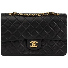 1990 Chanel Black Quilted Lambskin Vintage Medium Classic Double Flap Bag 