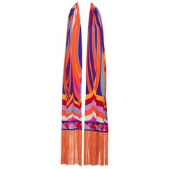 Leonard Paris Orange Multicolored Print Silk Jersey Fringe Shawl / Scarf, 1970s