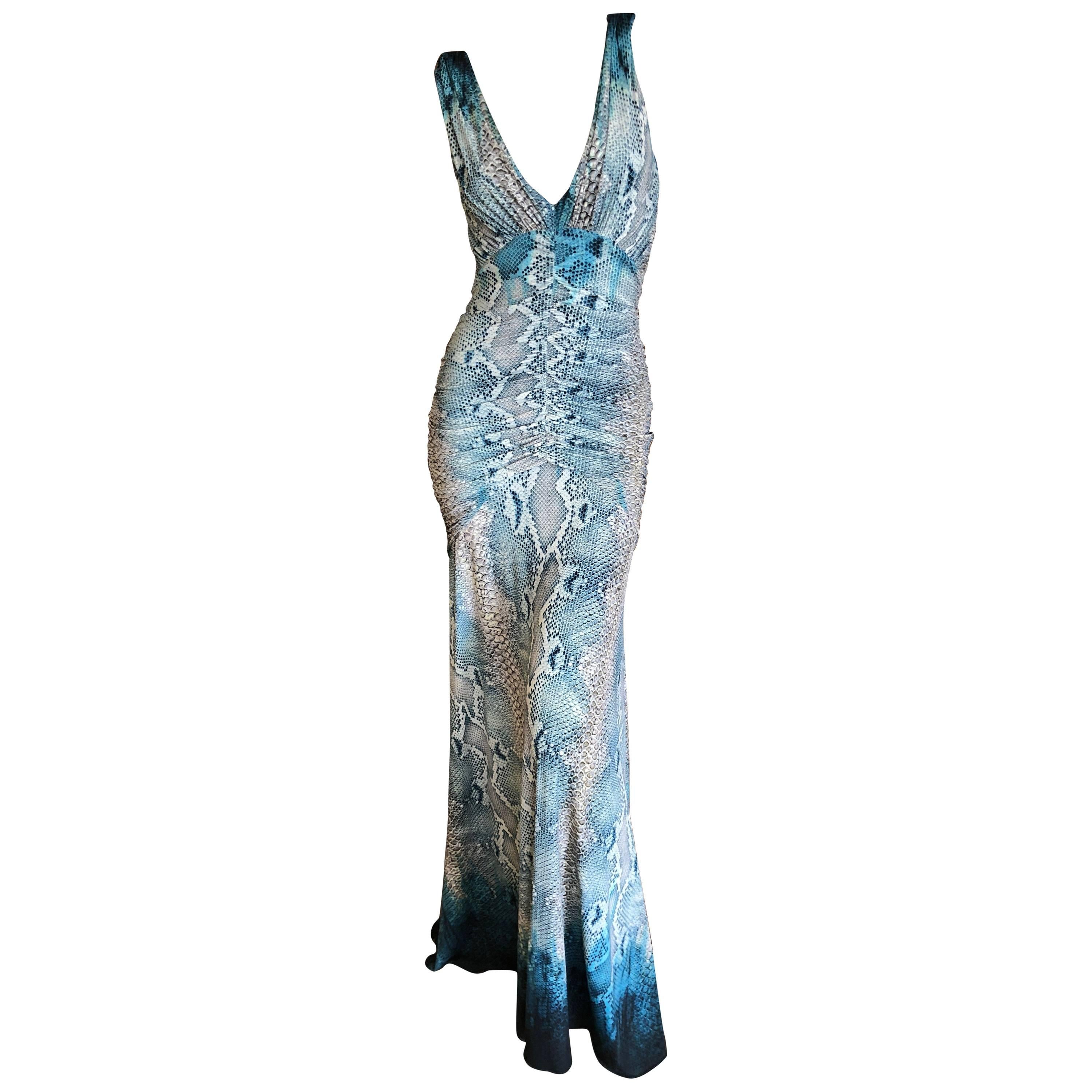 Roberto Cavalli Vintage Snake Print Ruched Low Cut Evening Dress  For Sale