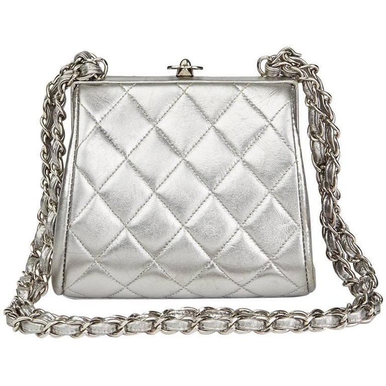 Chanel Silver Quilted Metallic Lambskin Vintage Mini Timeless Frame Bag