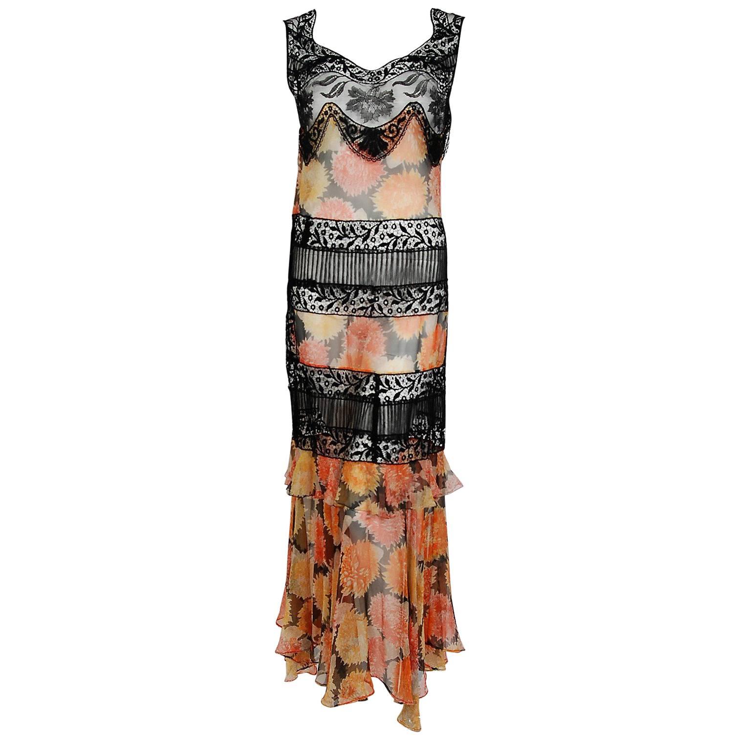 1930's Marigold Floral Print Silk-Chiffon & Black Lace Illusion Tiered Gown