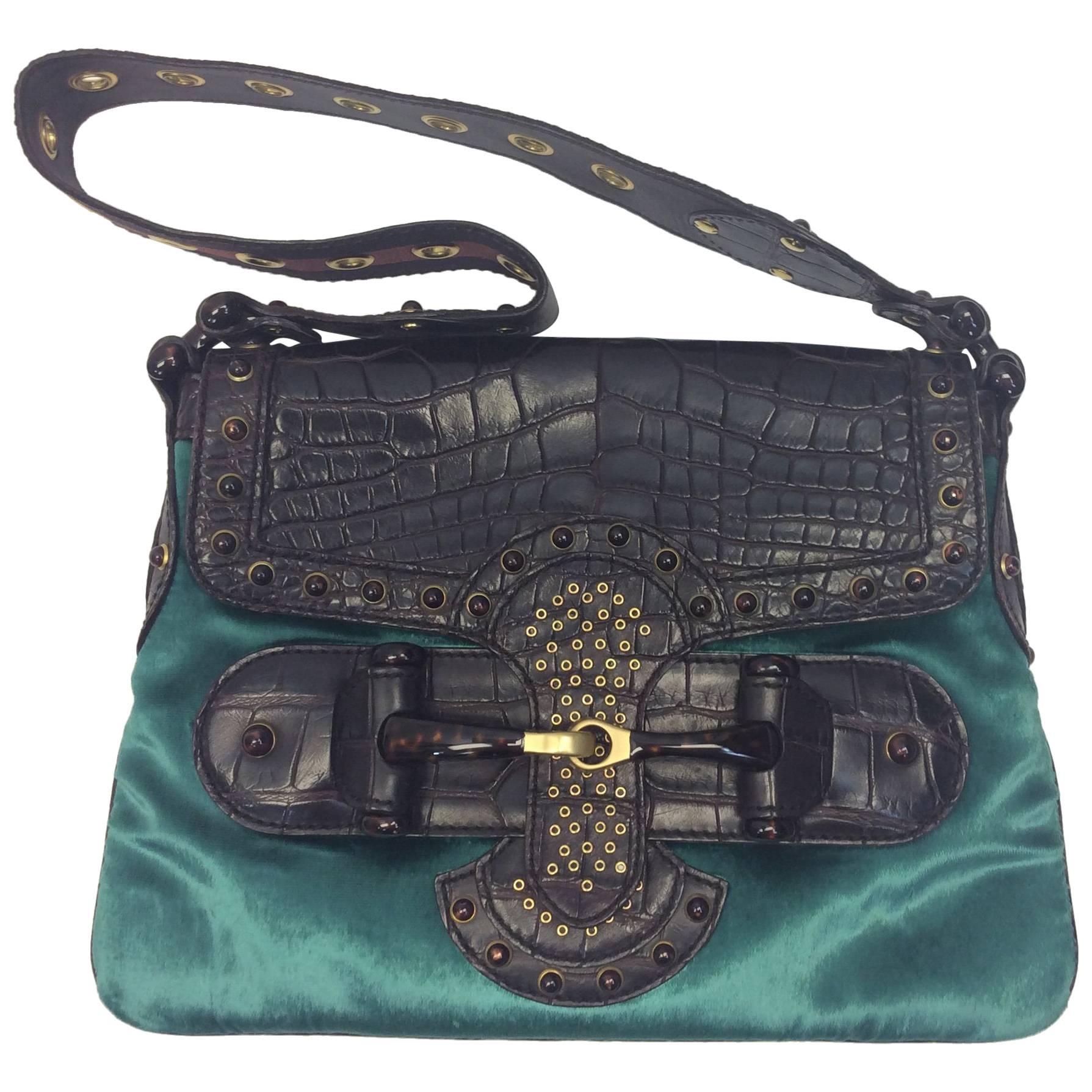 Gucci Tom Ford Crocodile and Velvet Horsebit Shoulder Bag For Sale