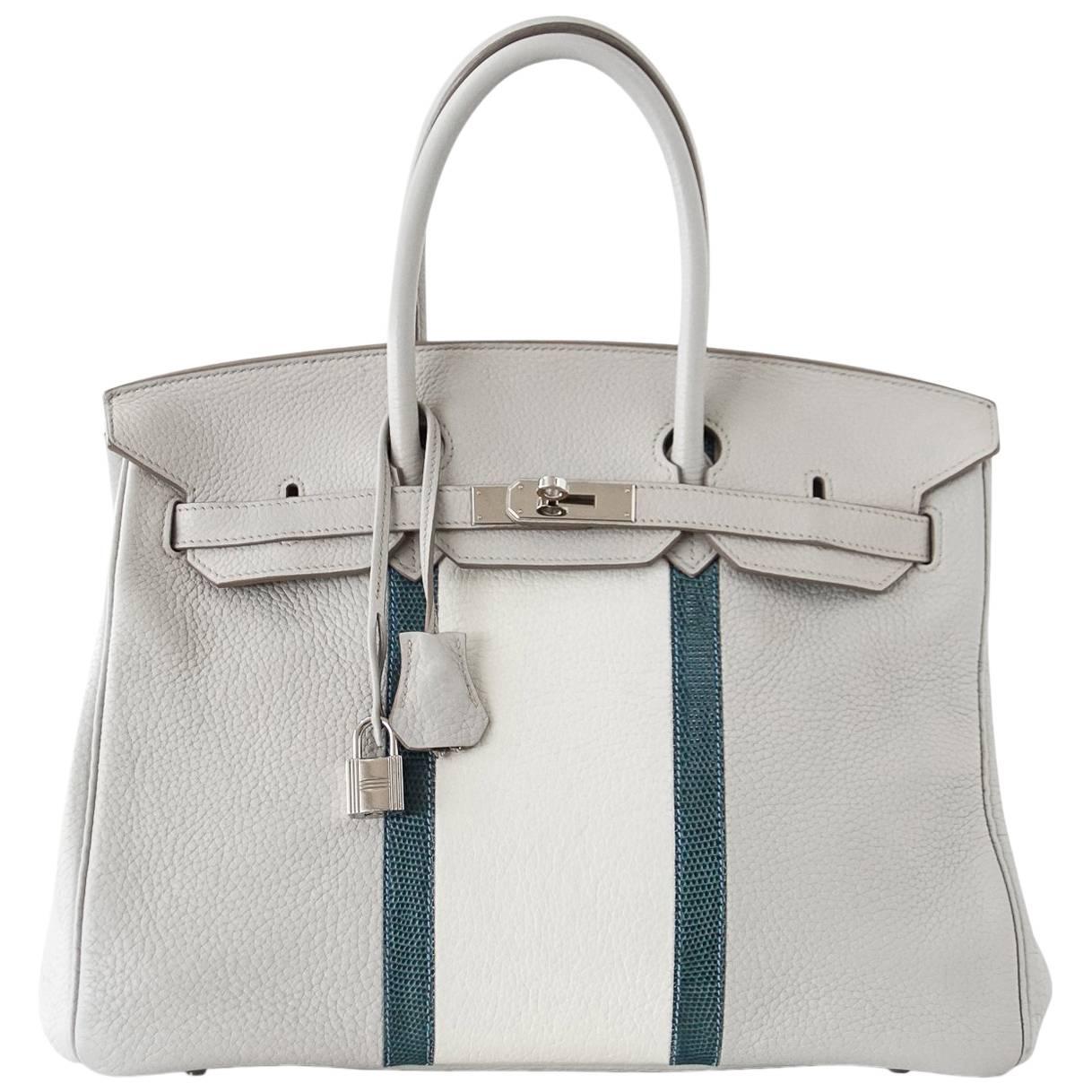 Hermes Gris Perle Club Mykonos Lizard White Clemence Palladium Birkin 35 Bag 