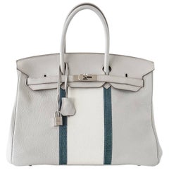 Hermes Gris Perle Club Mykonos Lizard White Clemence Palladium Birkin 35 Bag