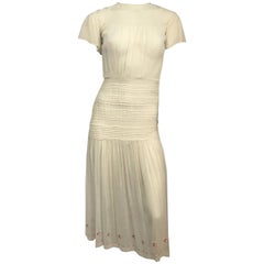 White Cotton Day Dress with Peach Embroidered Hem, 1920s 