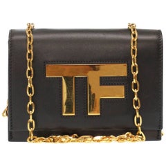 Tom Ford Black Leather "TF" Gold Logo Chain WOC Shoulder Crossbody Flap Bag