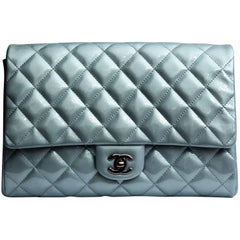 Chanel Light Blue Quilted Patent Leather Timeless Clutch Bag