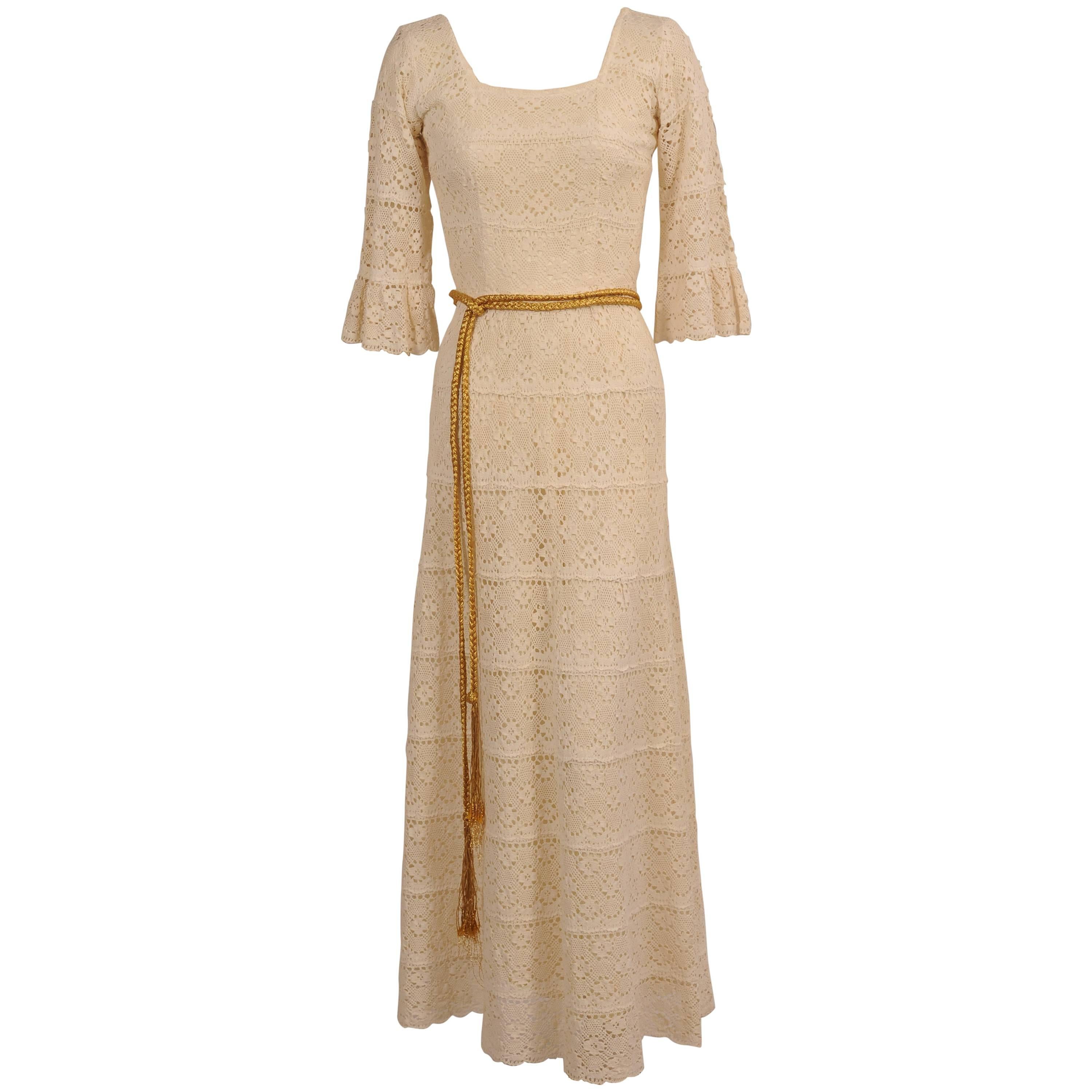 1970's Lace Maxi Dress with Braided Metallic Gold Belt For Sale
